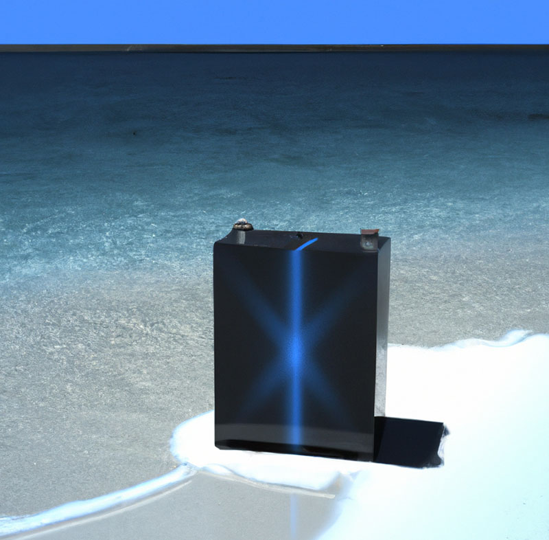 A battery pack sitting in the water on a beach